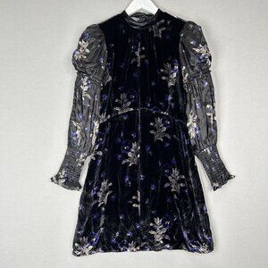 Rebecca Taylor Womens Dress 6 Black Violet Floral Velvet Burnout Puff Sleeve